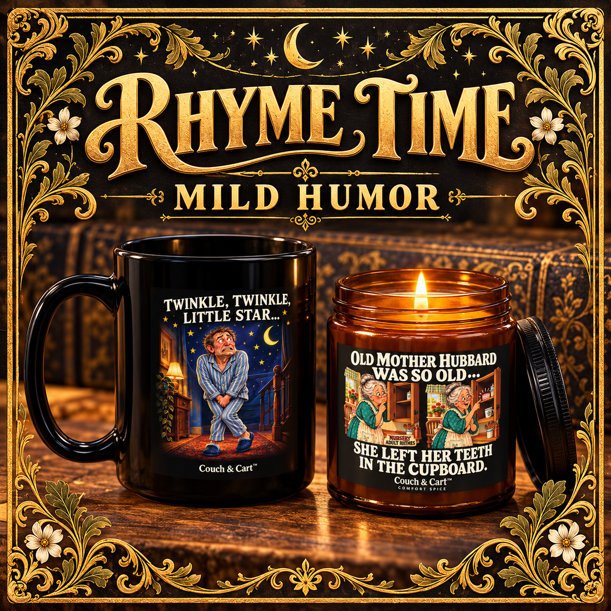 Rhyme Time Mild Humor with Twinkle Twinkle mug and Mother Hubbard candle