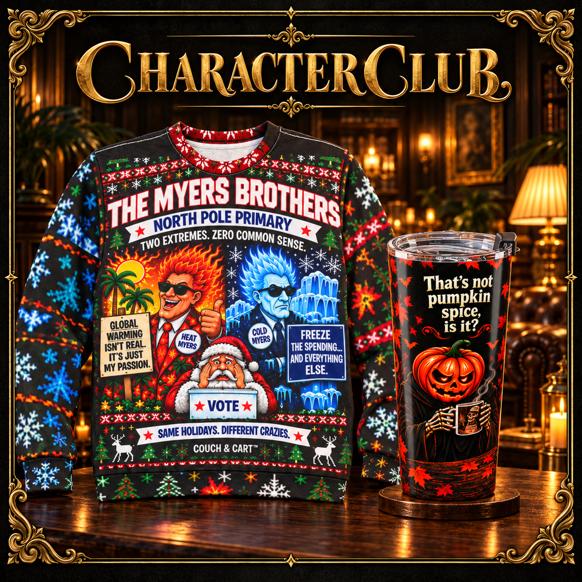 Character Club featuring the Myers Brothers sweatshirt and Carver & Mortimer pumpkin tumbler