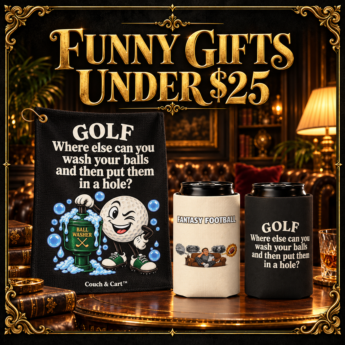 Funny Gifts Under $25 featuring the golf towel and Fantasy Football and golf can coolers