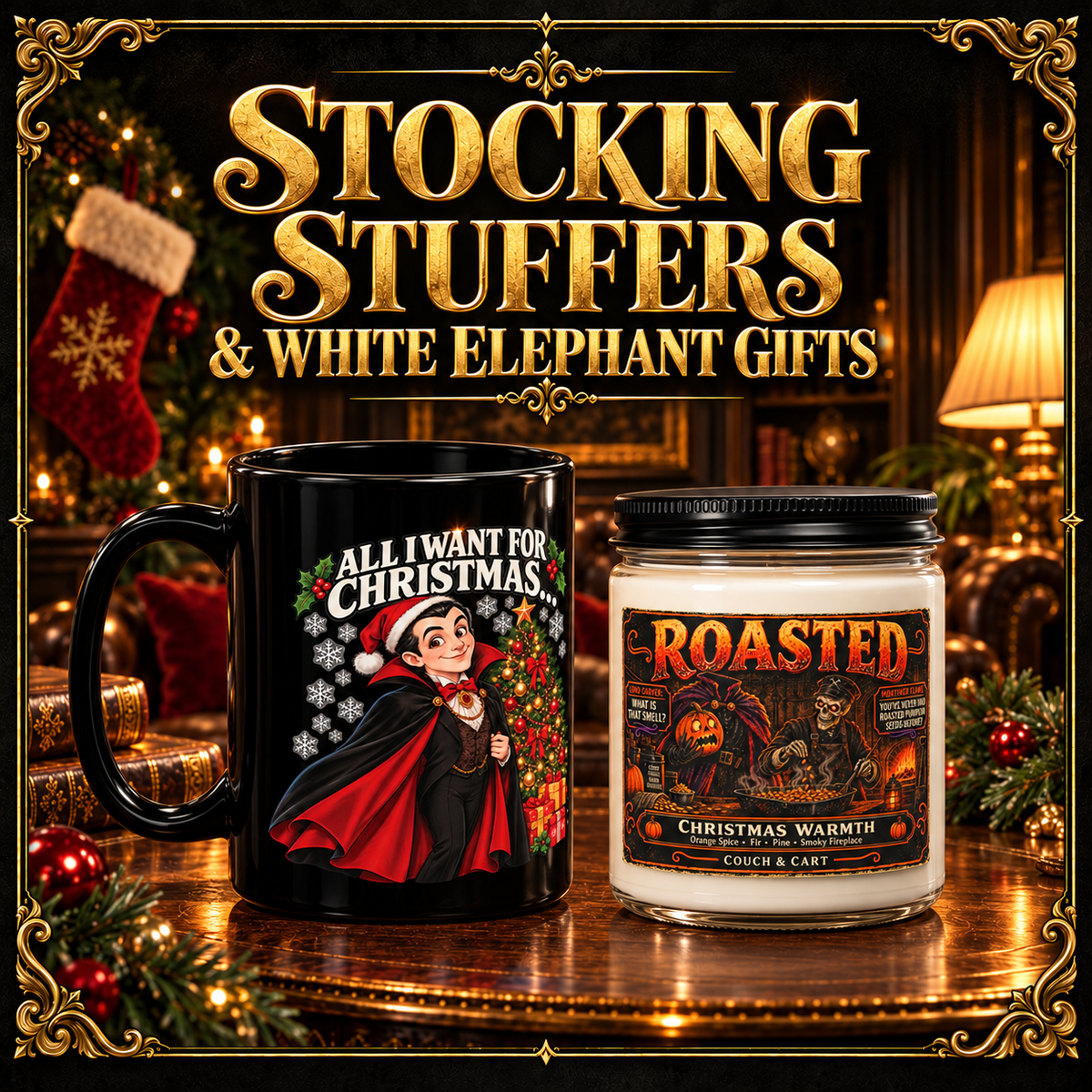 Stocking Stuffers and White Elephant Gifts — Dracula Christmas mug and Roasted Christmas Warmth candle in a gold-framed holiday room