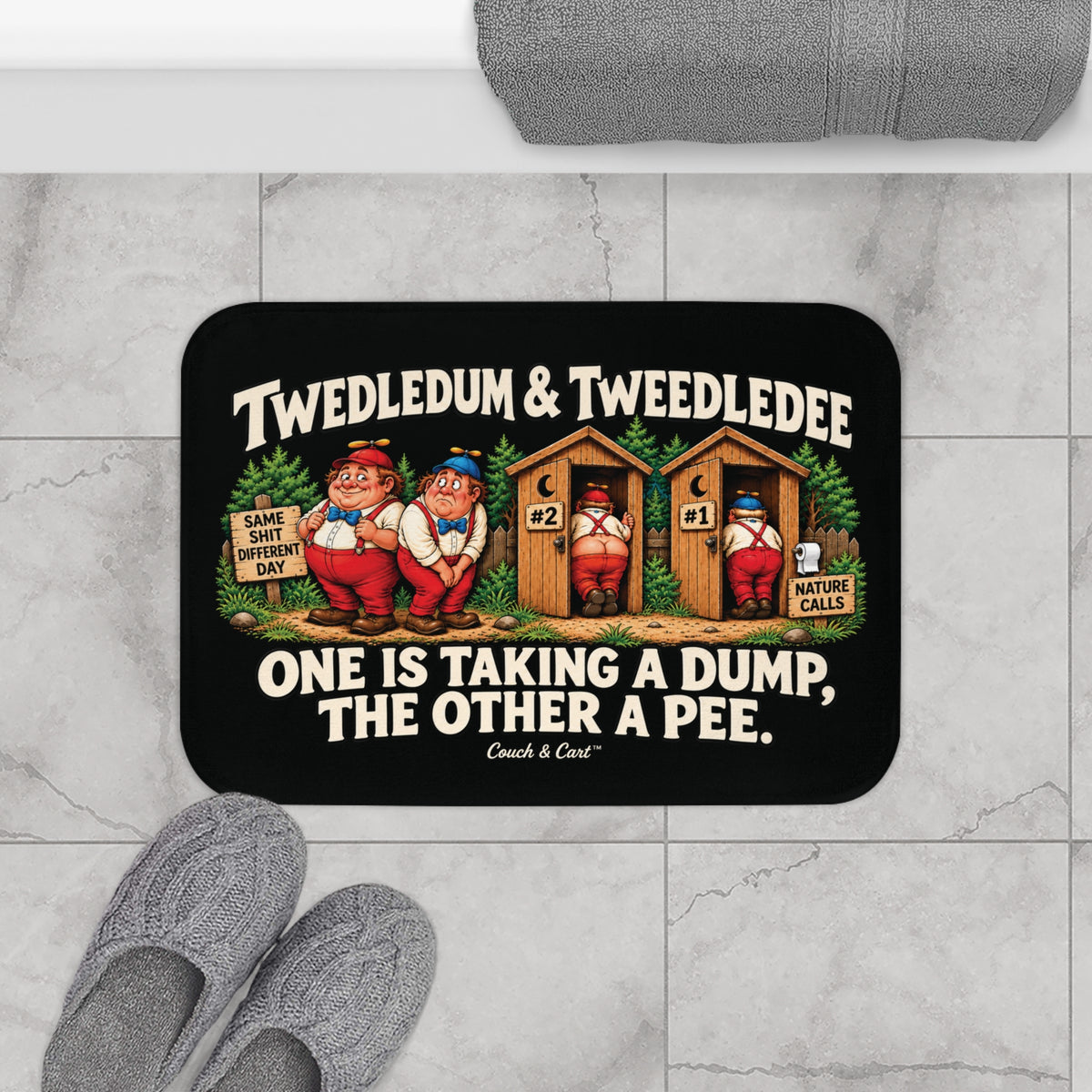 ADULT – Tweedledum & Tweedledee “Nature Calls” Bath mat | 24 × 17″
