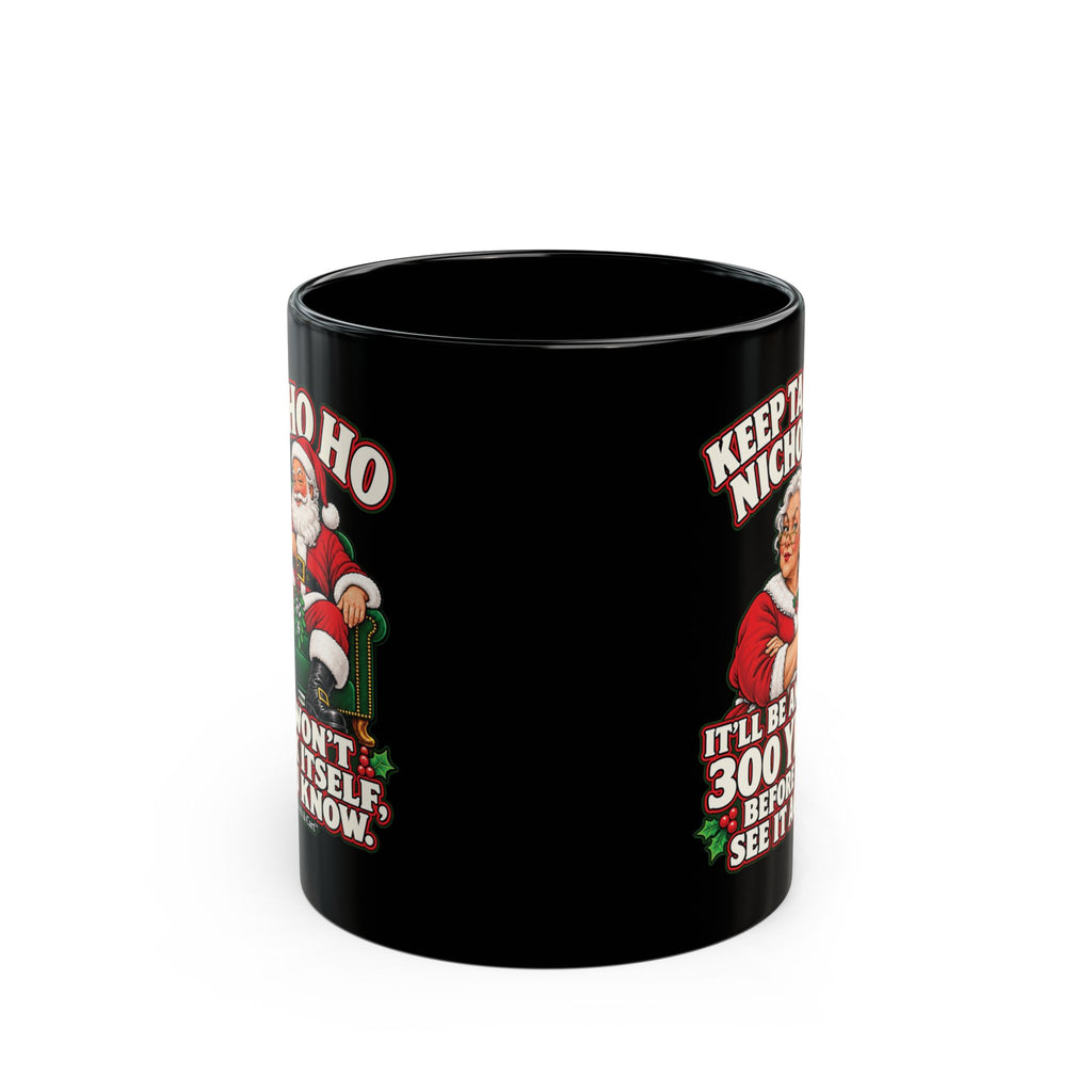 Santa in armchair with mistletoe on adult humor Christmas mug