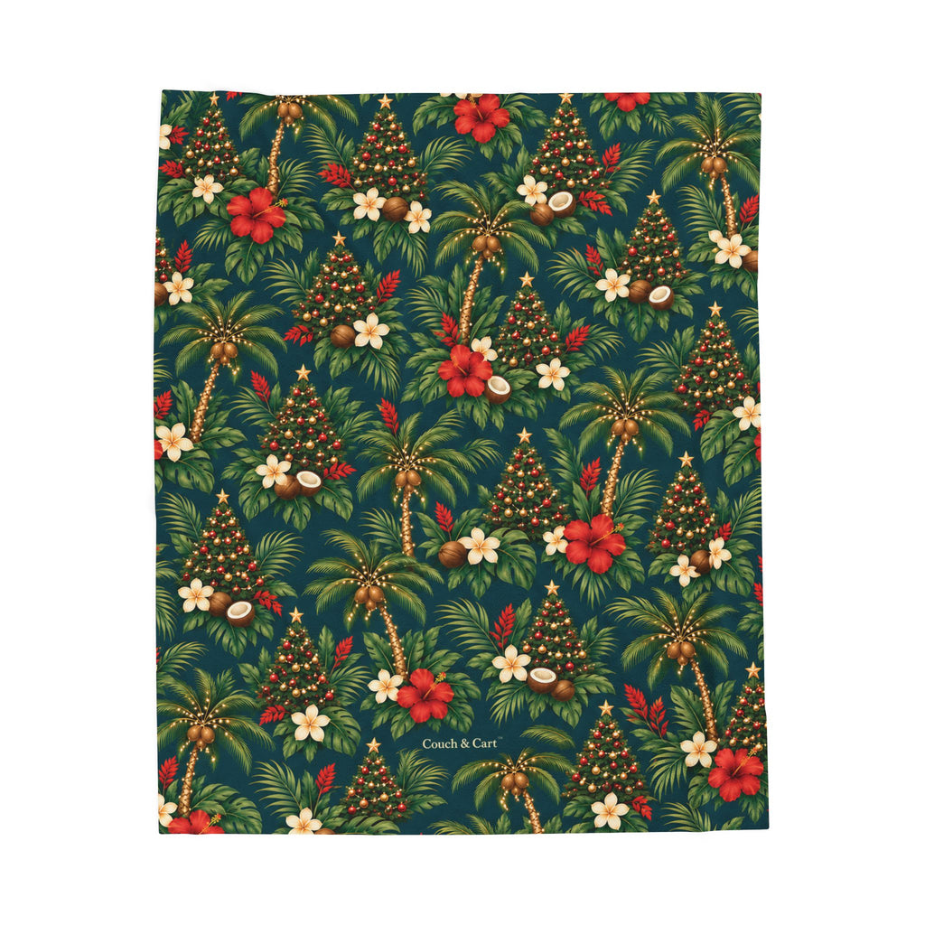 Tropical holiday velveteen throw blanket draped on couch