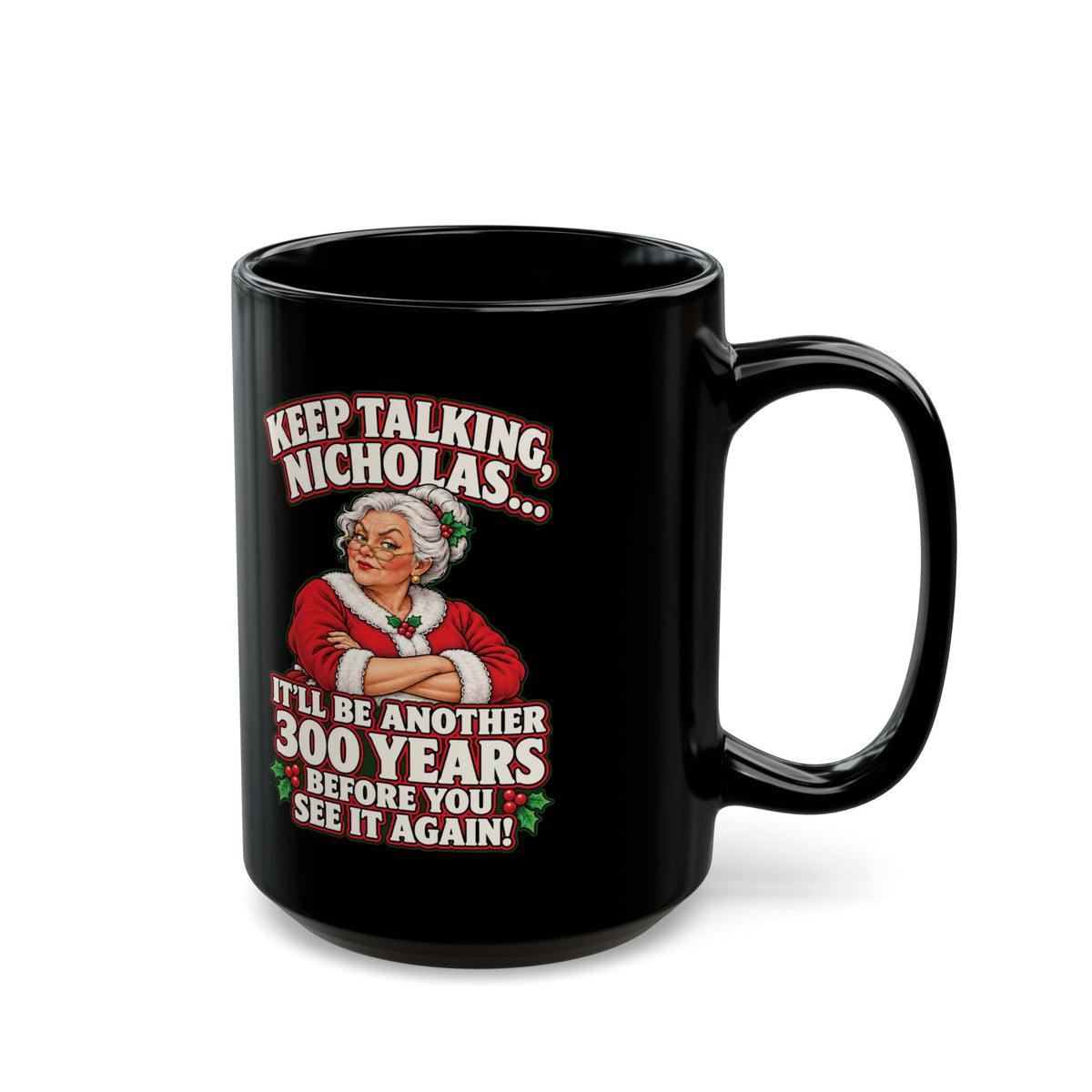 Naughty Santa black coffee mug, 11 oz