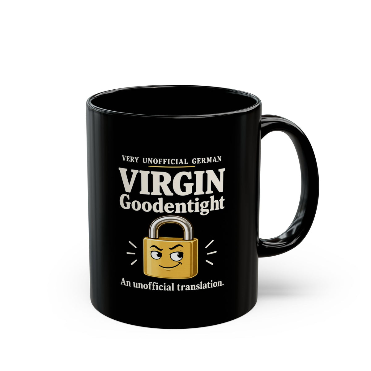 Virgin Goodentight Black Mug — Funny German Translation Lock Design (11oz & 15oz)