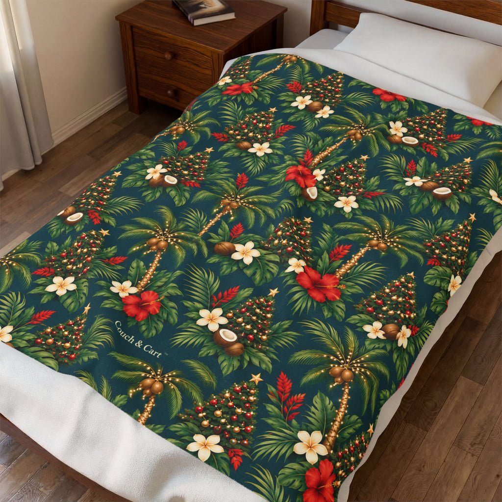 Hawaiian Christmas plush blanket with palm trees, Christmas lights and coconuts on teal