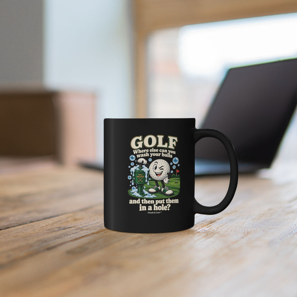 Adult Humor – Funny Golf Ball Washer Mug – Black Coffee Cup, 11 oz & 15 oz