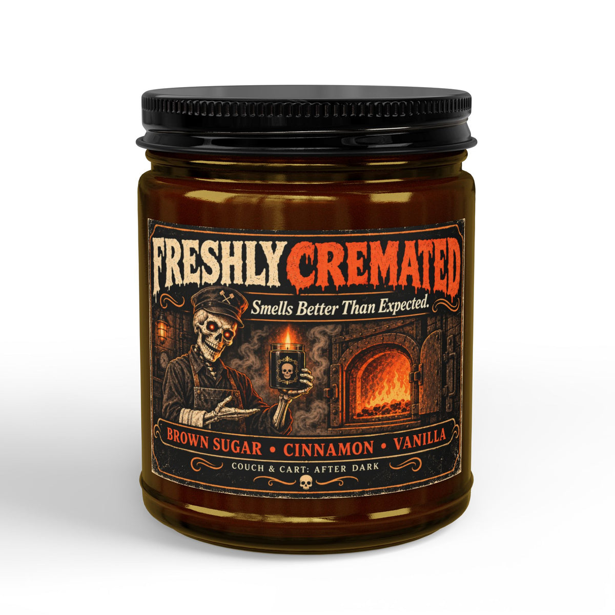 Freshly Cremated Funny Halloween Soy Candle – Comfort Spice, 9 oz