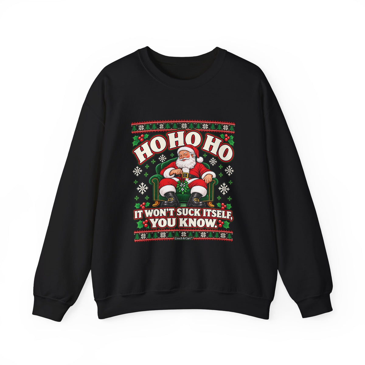 Santa and Mrs. Claus naughty ugly Christmas sweatshirt, front