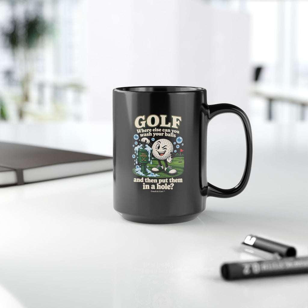 Adult Humor – Funny Golf Ball Washer Mug – Black Coffee Cup, 11 oz & 15 oz