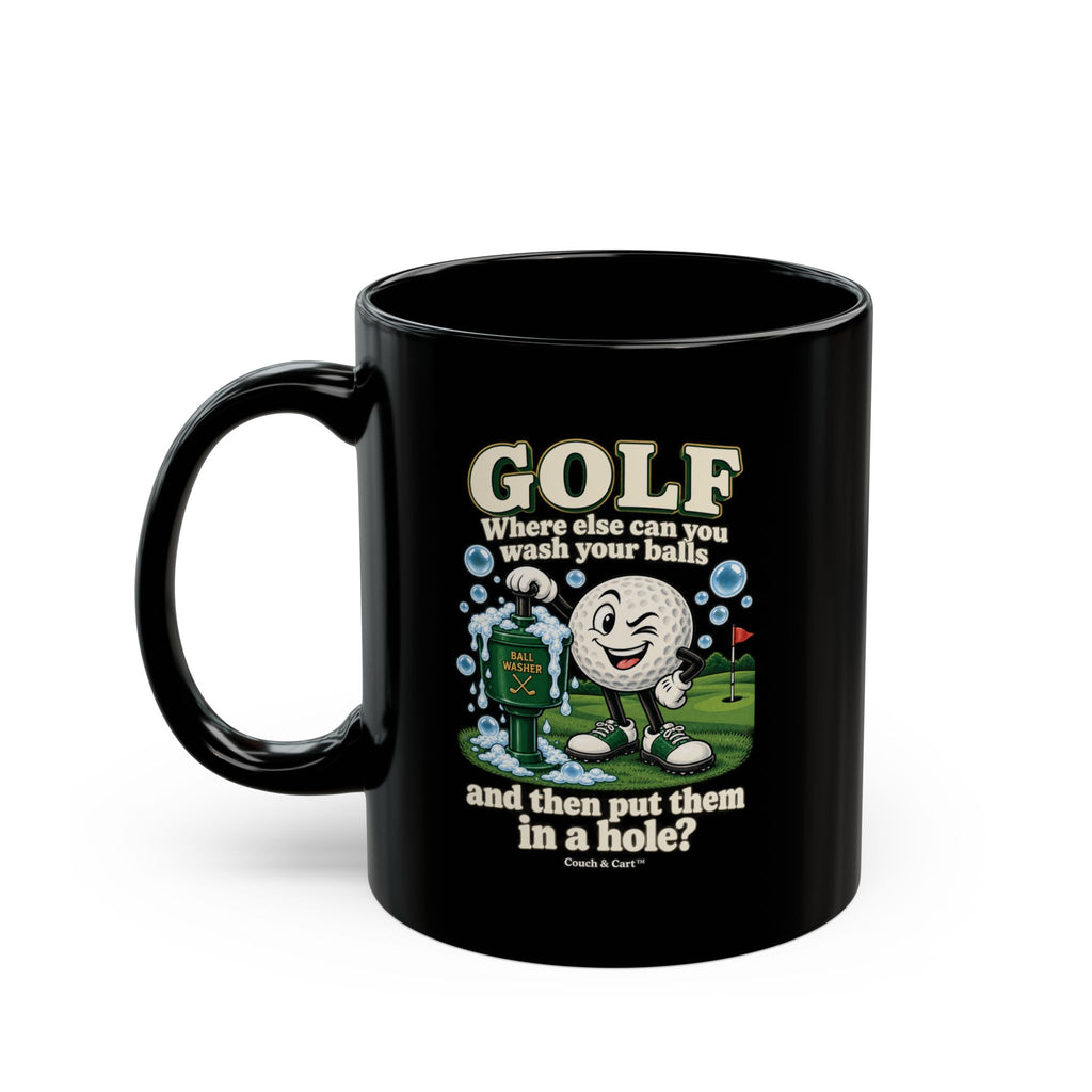 Adult Humor – Funny Golf Ball Washer Mug – Black Coffee Cup, 11 oz & 15 oz