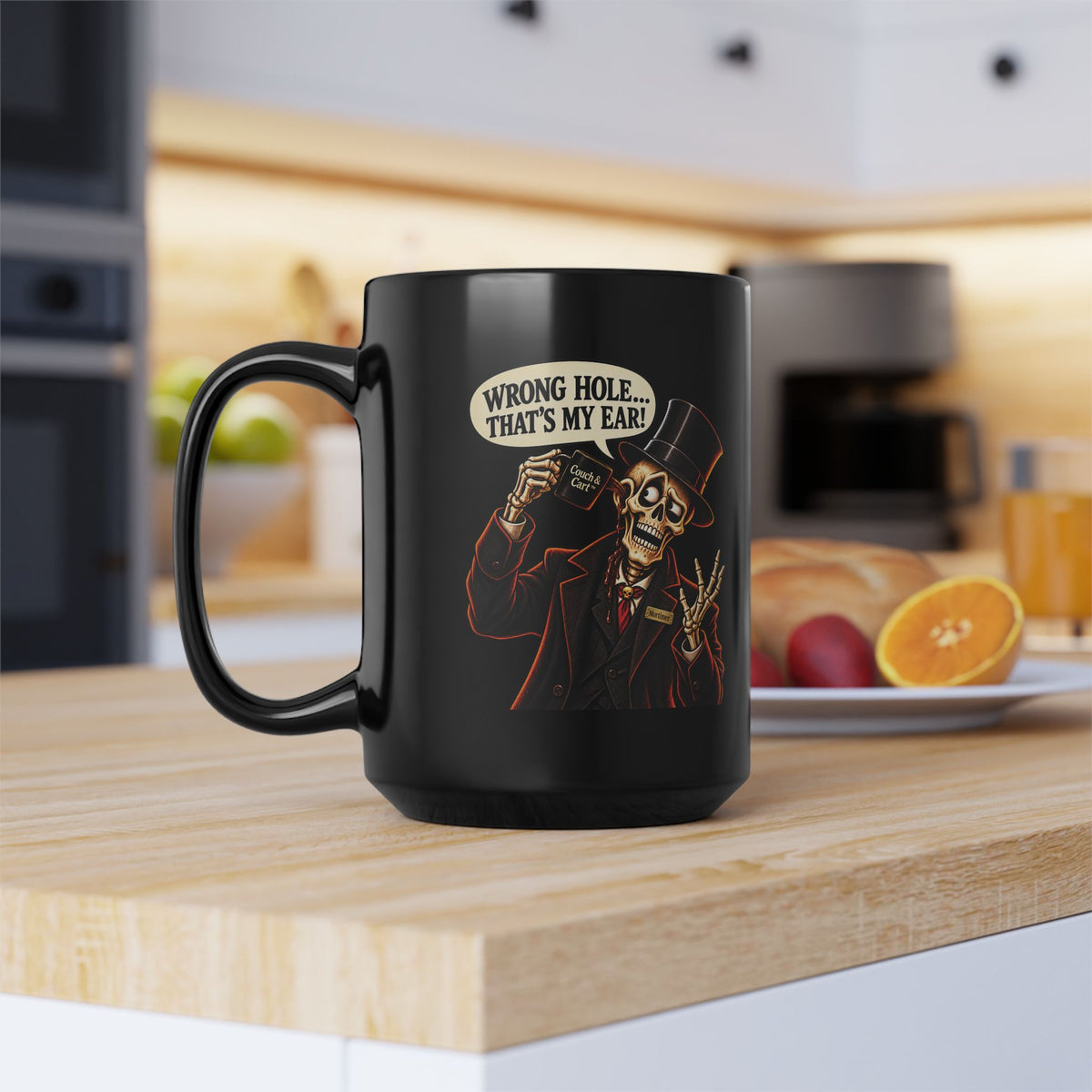 Mortimer Flame Funny Skeleton Mug – “Wrong Hole… That’s My Ear!” – Black, 11 oz & 15 oz