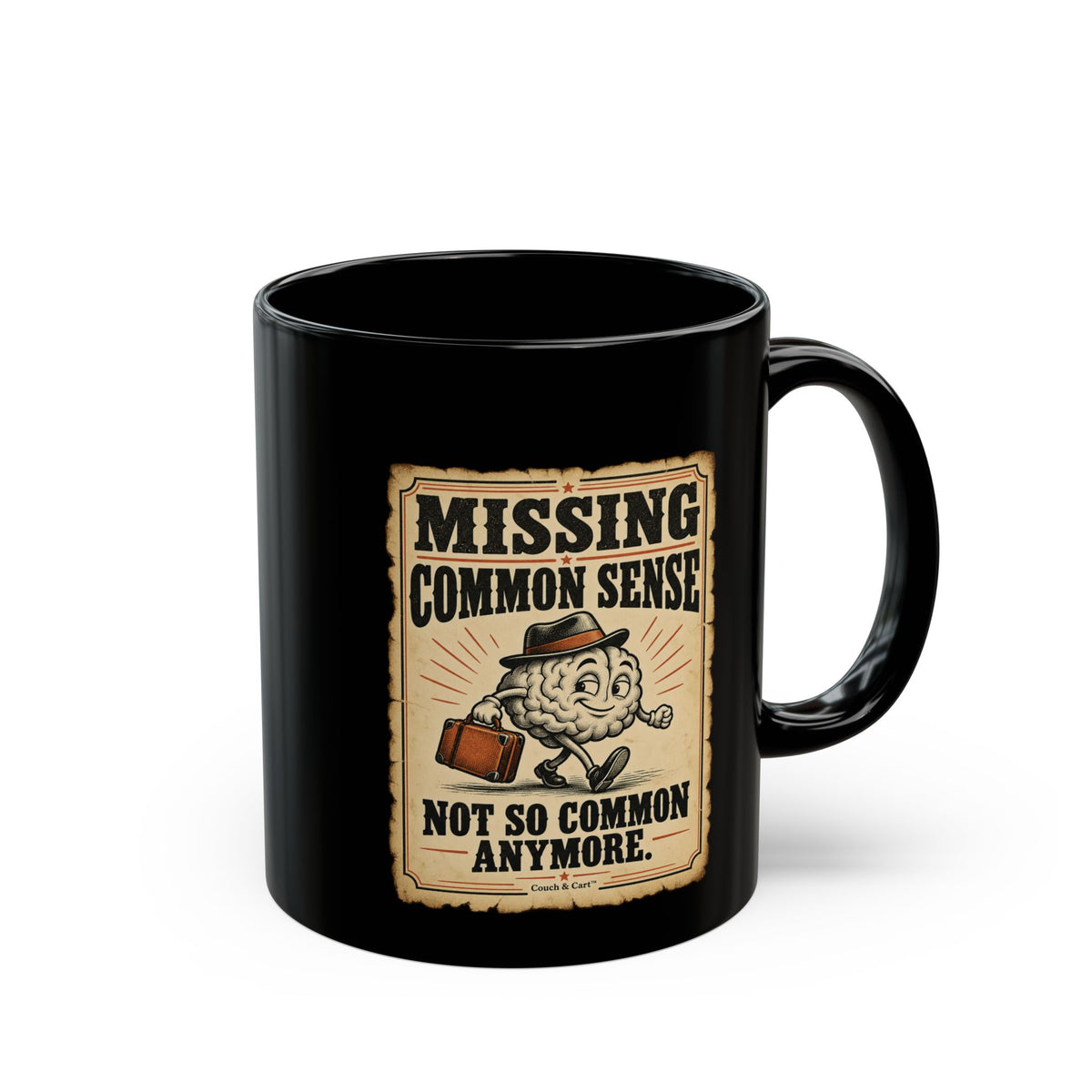 “Missing: Common Sense” – Funny Black Coffee Mug