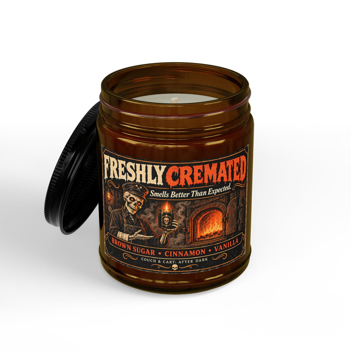 Freshly Cremated Funny Halloween Soy Candle – Comfort Spice, 9 oz