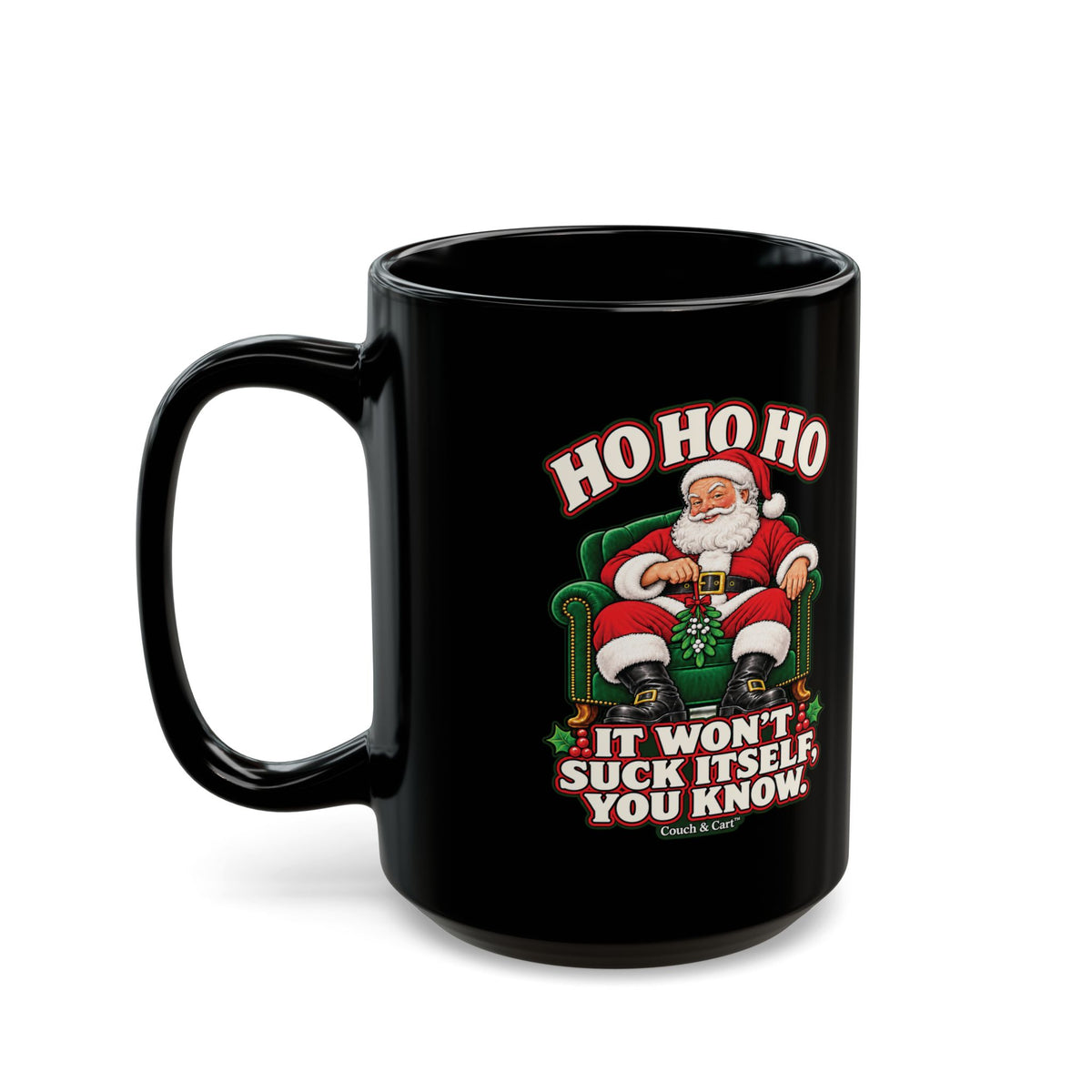 Naughty Santa black coffee mug, 15 oz