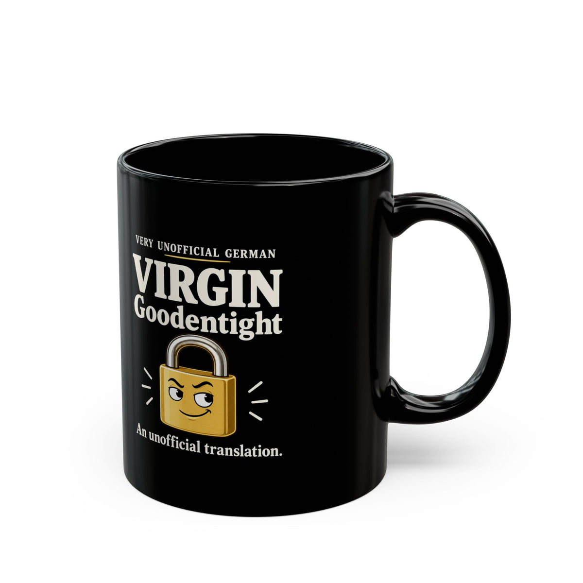 Virgin Goodentight Black Mug — Funny German Translation Lock Design (11oz & 15oz)