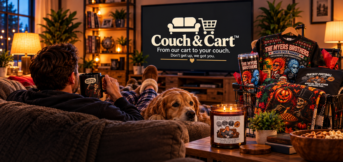 Couch and Cart cozy living room homepage hero featuring the brand logo on television and selected store products