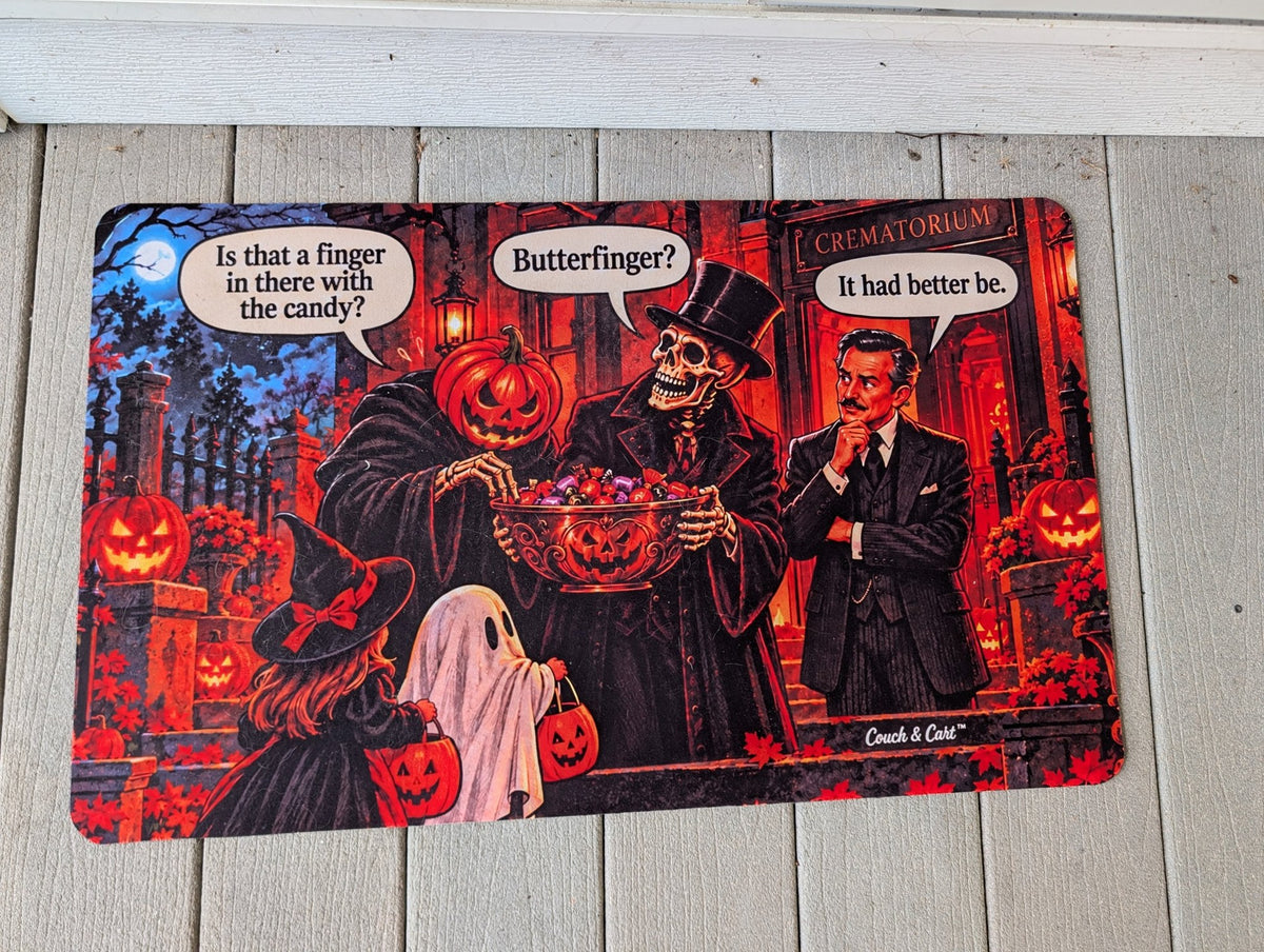 Real photo of the Is That a Finger? funny Halloween doormat on a front porch – Couch & Cart